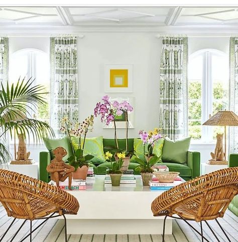 🌴🐒 A Fabulous Tropical Chic & Vibrant Palm Beach interior space! 🌴🐒Loving the gorgeous green colorway, Mario Lopez Torres lamps & monkey;… | Instagram Palm Beach Chic Living Room, Palm Beach House Decor, Palm Beach Regency Decor, Coastal Salon, Palm Beach Decor Interior Design, Palm Beach Interiors, Palm Beach Bedroom, Whimsical Interior, Tropical Decor Living Room