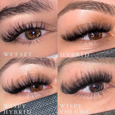 DIFFERENT LASH STYLES in 2022 | Lashes fake eyelashes, Lash extensions styles, Eyelash extensions styles Hybrid Volume Lash Extensions, Wet Lash Extensions, Wet Set Lash Extensions, Lash Extensions With Color, Wispy Volume Lashes, Wispy Hybrid, Lashes Ideas, Types Of Eyelash Extensions, Natural Fake Eyelashes