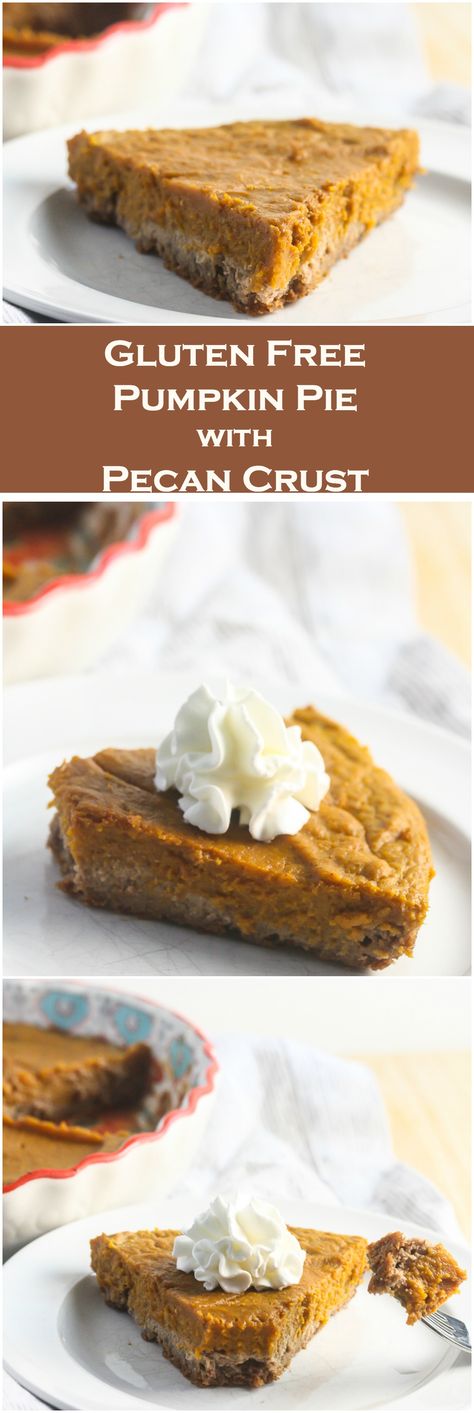 Gluten-Free Pumpkin Pie with Pecan Crust {Low Carb Option} Gluten Free Pumpkin Pie Recipe, Impossible Pumpkin Pie, Dairy Free Pumpkin Pie, Sugar Free Pumpkin Pie, Gluten Free Pumpkin Pie, Graham Cracker Recipes, Crustless Pumpkin Pie, Dairy Free Pumpkin, Easy Gluten Free Desserts