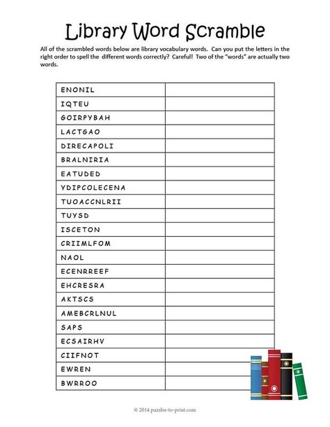 Library word scramble will help kids learn important vocabulary words, but it is also challenging enough to be fun for adults.  Free printable PDF for you. Word Games For Adults, Printable Word Games, School Library Lessons, Unscramble Words, Library Lesson Plans, Library Games, School Library Displays, Library Week, Middle School Libraries