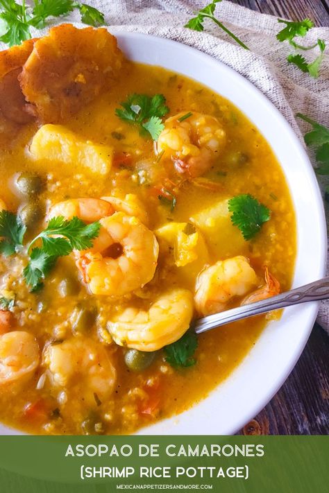 This Puerto Rican Asopao de Camarones (Shrimp Rice Pottage) served with tostones, is easy, comforting, delicious and a full meal in a bowl! #asopaodecamarones #asopadodecamarones #shrimpricepottage #shrimpstew #shrimpsoup Asopao Recipe, Meal In A Bowl, Shrimp Stew, Hispanic Recipes, Shrimp Rice, Mexican Appetizers, Recipes Seafood, Boricua Recipes, Shrimp Soup