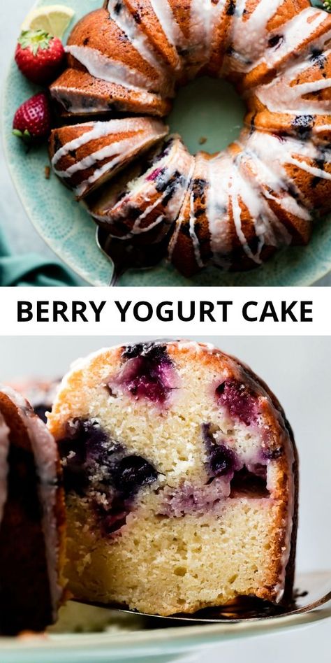 Strawberry Blueberry Greek Yogurt Cake, Yogurt Cake With Berries, Cake Recipes Using Greek Yogurt, Cakes Made With Yogurt, Leftover Berry Recipes, Cakes Made With Greek Yogurt, Greek Yogurt Bundt Cake, Blueberry Yogurt Recipes, Recipes To Use Up Greek Yogurt