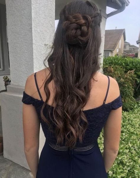 Half Up Rose Bun, Braid Bun Half Up Half Down, Rose Half Up Half Down Hair, Half Up Bun Prom Hair, Half Up Half Down Braided Bun, Grad Half Up Half Down Hair, Up Doos Hairstyles, Braided Bun Half Up Half Down, Prom Hairstyles Half Up Half Down Bun