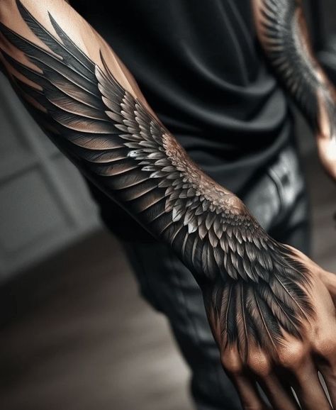 Mens Wing Tattoo, Men S Neck Tattoo, Angel Wing Arm Tattoo, Forearm Wing Tattoo, Wings Tattoo Design, Eagle Wing Tattoos, Half Arm Sleeve Tattoo, Forearm Cover Up Tattoos, Underarm Tattoo