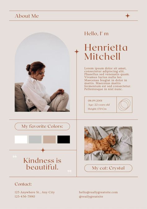 Beige and Brown Minimalist Aesthetic Personal Profile About Me Poster / beige, minimalist, about me, aesthetic, personal, profile, poster, classy, woman, biography / #canva #canvatemplate #freetemplate #canvafree Biography Template Aesthetic, Biography Poster Design, Biography Aesthetic, Brown Minimalist Aesthetic, Profile About Me, Biography Design, About Me Aesthetic, Biography Poster, Biography Template