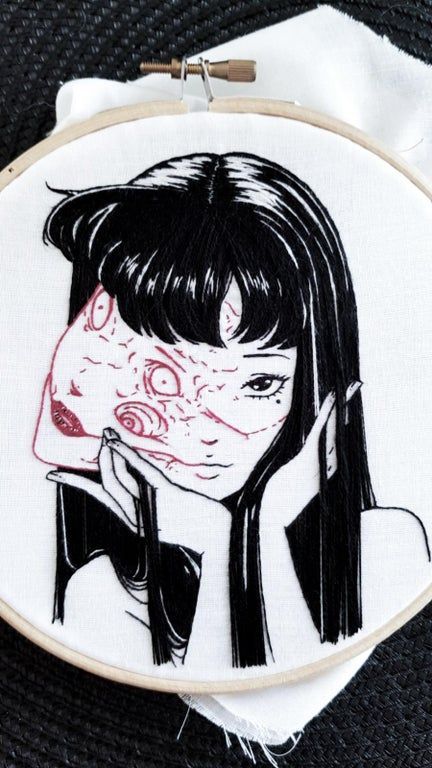 Tomie Kawakami hand embroidery. My favorite one yet! Which Junji Ito character should I do next? Cross Stitch Patterns Free Disney, Tomie Kawakami, Embroider Ideas, Portrait Embroidery, Hand Embroidery Patterns Free, Knitting Patterns Free Blanket, Dishcloth Crochet Pattern, Hand Embroidery Patterns Flowers, Beading Patterns Free