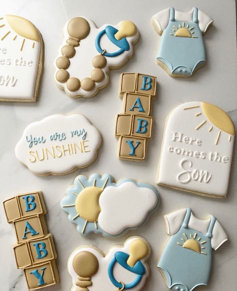 Blue And Yellow Baby Shower Ideas, Sunshine Baby Shower Cookies, Here Comes The Son Cookies, Sun Cupcakes, Summer Baby Shower Themes, Baby Shower Dessert, Baby Boy Themes, Baby Shower Party Games, Sunshine Baby Showers