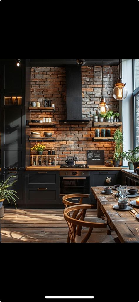 Black Kitchen With Brick Wall, Dark Wood Kitchen Cabinets Brick Backsplash, Brick Backsplash Kitchen Black Cabinets, Black Cabinets Brick Backsplash, Black Kitchen Oak Worktop, Black And Butcher Block Kitchen, Black Cabinets With Butcher Block Top, Black Brick Backsplash, Black Cabinets With Butcher Block