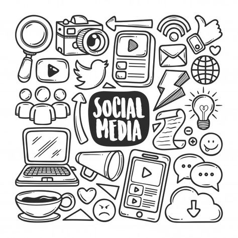 Social media icons hand drawn doodle col... | Premium Vector #Freepik #vector #computer Social Media Doodle Art, Computer Doodle Art, Doodle Illustration Art, Camera Doodle Art, Doodles Photography, Animal Doodle Art, Pencil Doodle Art, Computer Doodle, Laptop Doodle