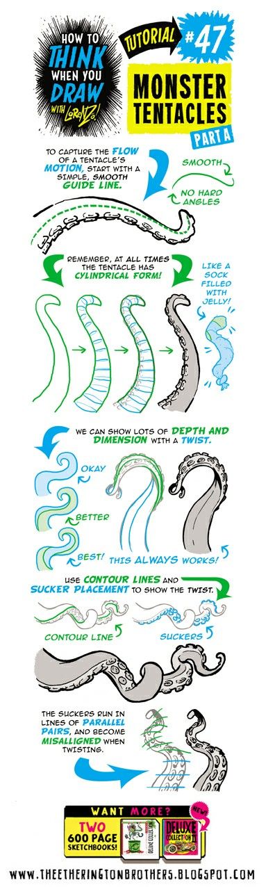 Draw Tentacles, Monster Tentacles, Draw Monster, Etherington Brothers, Comic Tutorial, Monster Drawing, How To Think, Poses References, Guided Drawing