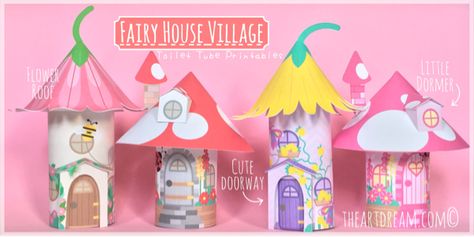 Picture Toilet Paper Roll Fairy House, Signing Ideas, Craft Printables, Fairy House Crafts, House Craft, House Village, Preschool Projects, Pink Mushroom, Kids Library