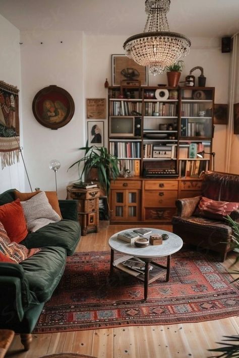 1920s Style Apartment, Dark Wood Boho Living Room, Portland Apartment Aesthetic, Earthy Loft Apartment, 80s Aesthetic Apartment, Oregon Home Aesthetic, Eccentric Living Room Ideas, Vintage Apartment Aesthetic Cozy, 70s Eclectic Decor