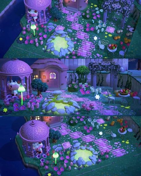 Acnh Rainbow Entrance, Acnh Villager House Ideas Fairycore, Animal Crossing Fairy Core Entrance, Acnh Entrance Inspiration Fairy, Animal Crossing Island Inspiration Purple, Whimsical Animal Crossing, Fairy Themed Animal Crossing Island, Pixie Hollow Animal Crossing, Acnh Fairy Island Ideas