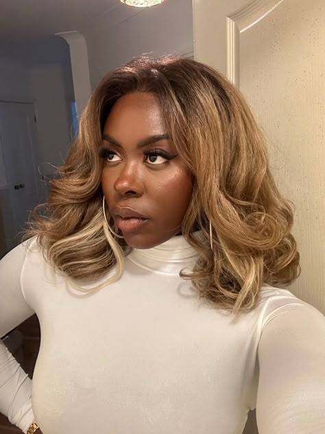 Blonde bouncy blowout on dark skin | long bob | lace front styles #blondehairstyles #blondebalayage #blondeshorthair #wigsforblackwomen #wigstyling #hairgoals Dark Blonde Hair On Black Women, Honey Blonde Balayage Black Women, Ash Blonde Hair Dark Skin, Dirty Blonde Black Women, Blonde Afro Dark Skin, Blonde Hair Black Women Dark Skin, Blonde Hair Dark Skin Women, Blond On Dark Skin, Blonde Highlights Long Bob