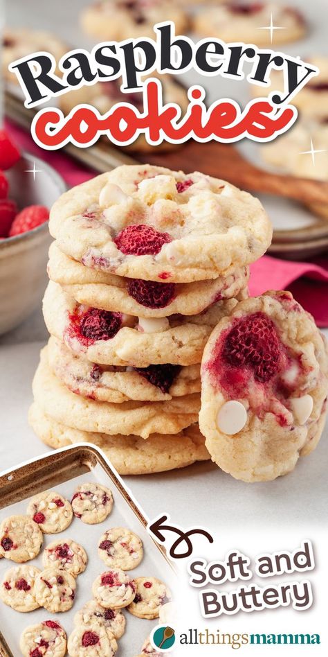 Raspberry Cookies social graphic White Chocolate Raspberry Cookies, Raspberry White Chocolate Cookies, White Chocolate Cookie Recipes, Chocolate Raspberry Cookies, Raspberry Cookie Recipes, Easy Snacks Recipes, Pineapple Dessert, Netflix Marathon, Raspberry Desserts