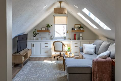 Attic Office Built In Desk, Office In The Attic, Convert Attic Space Bonus Rooms, Unfinished Attic Hangout, Attic Office Space, Attic Office Books, Marthas Vineyard Interior Design, Bonus Room Office, Frame Bedroom