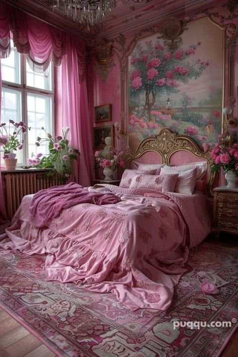 Girly Eclectic Bedroom, Pink Victorian House Interior, Pink Victorian Room, Pink Home Interior, Victorian Bedroom Aesthetic, Pink Bedroom Inspirations, Dopamine Aesthetic, Pink House Interior, Medieval Bedroom