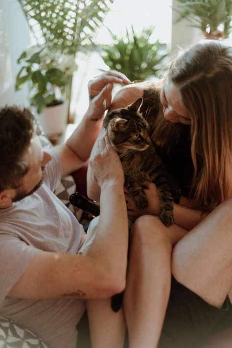 In home couple lifestyle session (12 of 58) Cat Family Photo, Engagement Photos At Home, Animal Photoshoot, Home Photo Shoots, Dog Photoshoot, Cat Cuddle, Destination Wedding Photos, Cat Family, Cat Photography