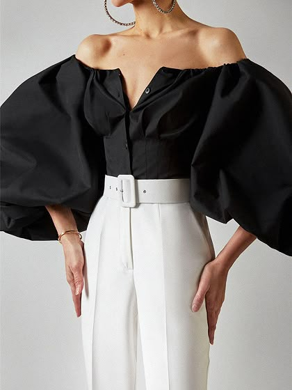 Black Off Shoulder Puff Sleeve Shirt Black Bell Sleeve Top, Pretty Tops, Lantern Sleeve Top, Queen Fashion, Backless Crop Top, Elegante Casual, Women Long Sleeve Tops, Looks Chic, Long Puff Sleeves