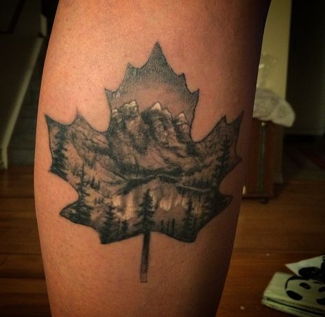 Mountain tattoo Canadian Rockies Canada Flag Tattoo Ideas, Canadian Rockies Tattoo, Alberta Tattoo, Autumn Tattoos, Forest Tattoo Sleeve, Canadian Tattoo, Canada Tattoo, Forest Tattoo, Tattoo Man