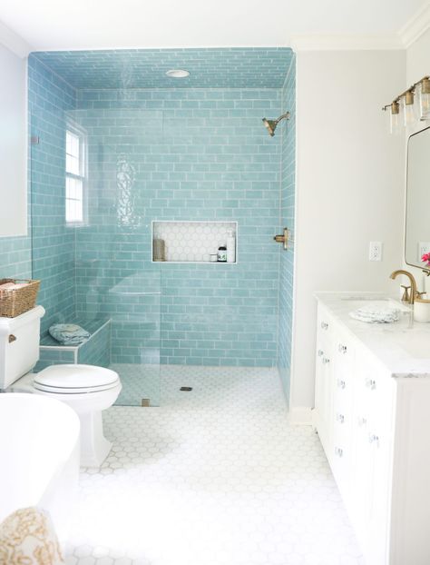 Ice Blue Bathroom Ideas, Coastal Bathroom Shower Tile, Aqua Bathroom Tile, Coastal Bathroom Ideas Beach Themes Master Bath, Aquamarine Bathroom Ideas, Aqua Shower Tile, Aqua Tile Bathroom, Turquoise Tile Bathroom, Teal Tile Bathroom