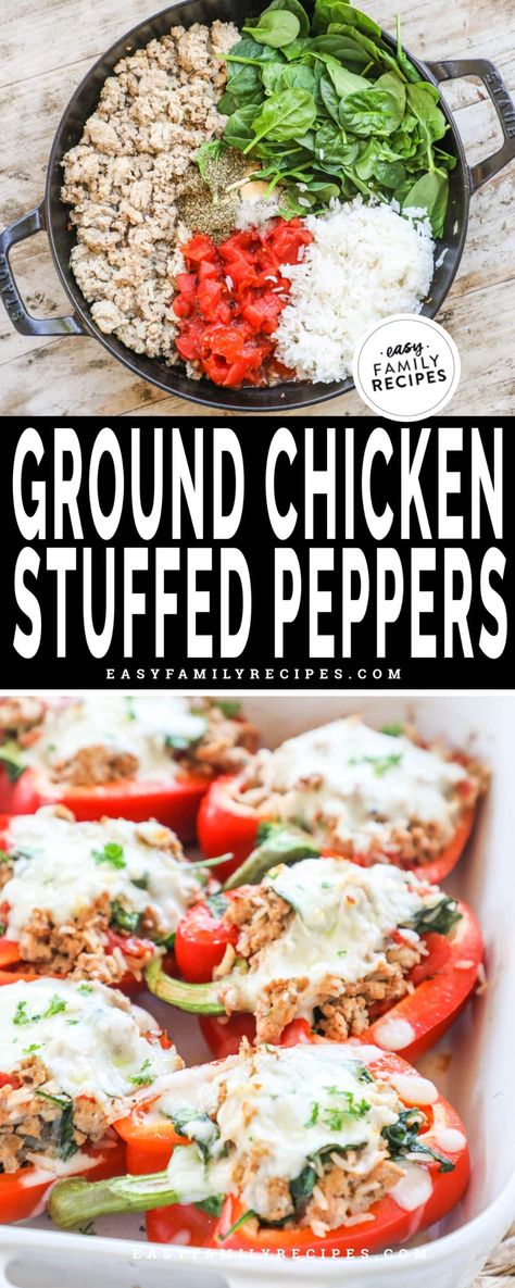 We’ve lightened up stuffed peppers by swapping the beef with seasoned ground chicken and adding some extra veggies—but this healthy makeover is just as delicious as the original! This is one of our FAVORITE meal prep dinners, and it’s also a great option for freezer cooking. Tender bell peppers are stuffed with a flavorful chicken-and-rice filling, topped with cheese, and baked until all the flavors come together. A family-friendly chicken dinner idea that’s quick, easy, and oh-so-tasty! Meal Prep With Peppers, Healthy Stuffed Bell Peppers Chicken, Stuffed Bell Peppers Chicken Rice, Clean Ground Chicken Recipes, Meal Prep With Ground Chicken, Stuffed Peppers With Ground Chicken, Ground Chicken Recipes Healthy Skillet, Ground Chicken Peppers, Stuffed Peppers Meal Prep