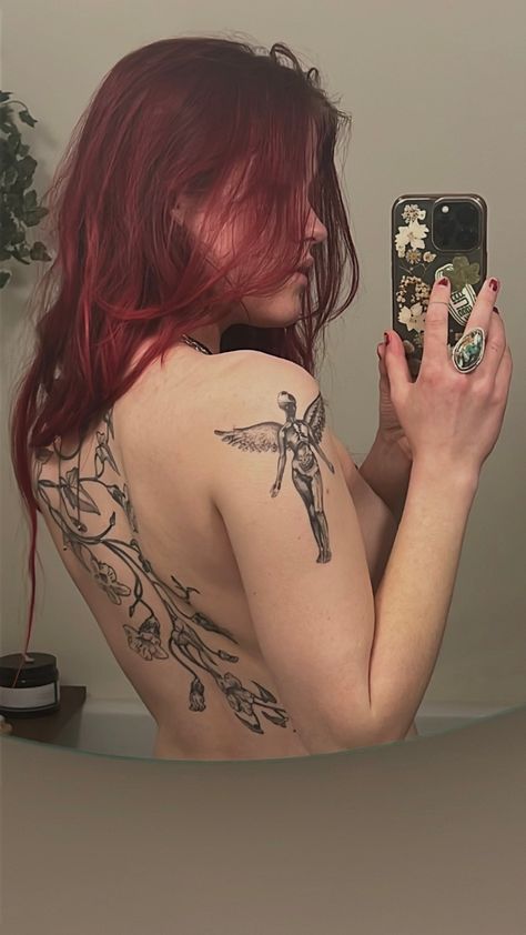 Birth Of Evil Tattoo, Nirvana Arm Tattoo, Arm Tattoos Grunge, Snapdragon Vine Tattoo, Snap Dragon Vine Tattoo, Behind Bicep Tattoo, Back Tattoos Grunge, Inutero Nirvana Tattoo, In Utero Angel Tattoo