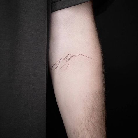 Alone Tatoos Ideas, One Line Mountain Tattoo, Volcano Tattoo Minimalist, Fine Line Mountain Tattoo, Minimalist Mountain Tattoo, Small Mountain Tattoo, Small Geometric Tattoo, Mountain Tattoos, Mountain Range Tattoo