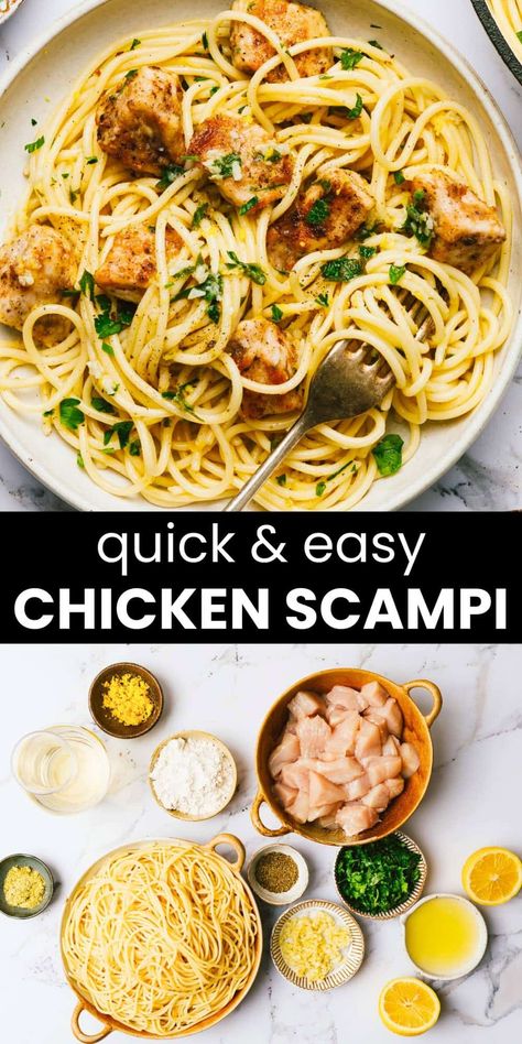 This easy chicken scampi recipe is light and flavorful, perfect for a quick weeknight dinner. Tender chicken is sautéed with garlic, butter, lemon, and a hint of white wine, then tossed with pasta and a sprinkle of fresh herbs. It's a deliciously simple meal that will impress without the fuss! Chicken Scampi Recipe Without Wine, Chicken Scampi Sauce Recipe, Chicken Breast Recipes Pasta, Quick Chicken Pasta Recipes, Easy Chicken Scampi Recipe, Easy Chicken Scampi, Olive Garden Chicken Scampi, Light Chicken Recipes, Chicken Breast Pasta