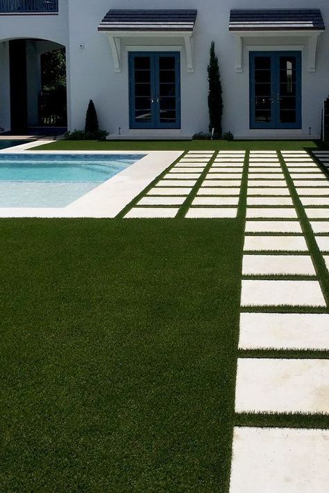 Pool Landscaping Pavers, Stepping Stones To Pool, Turf And Pavers Backyard Pool, Pavers By Pool, Pavers Around Pool, Square Pavers, Backyard Pool Area, Pervious Pavers, Backyard Door