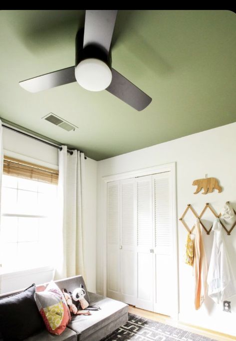 White Room Green Ceiling, Green Ceiling Bedroom Ideas, Light Green Ceiling Paint, Green Accent Ceiling, Green Painted Ceiling Bedroom, Painted Green Ceiling, Olive Green Painted Walls Bedroom, White Walls Green Ceiling, Green Ceiling Nursery