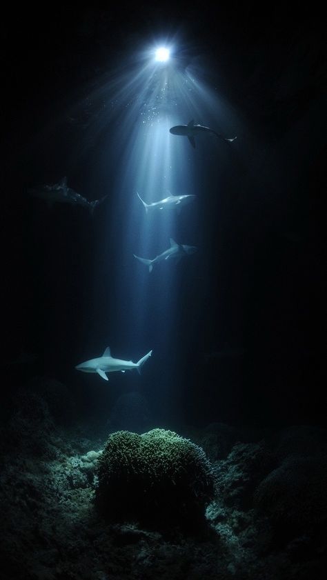 Night Diving Eerie Ocean Aesthetic, Pretty Sharks, Deep Sea Aesthetic Dark, Deep Ocean Aesthetic Dark, Shark Black And White, Beautiful Sharks, Night Diving, Shark Bait, Wild Animals Photos