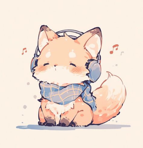 Cute Arctic Fox Drawing, Pretty Cat Drawing, Anime Animals Aesthetic, Chibi Wolf Base, Fox Icon Cute, Kawaii Art Animals, Fox Anime Art, Fox With Headphones, Cute Chibi Animal Art