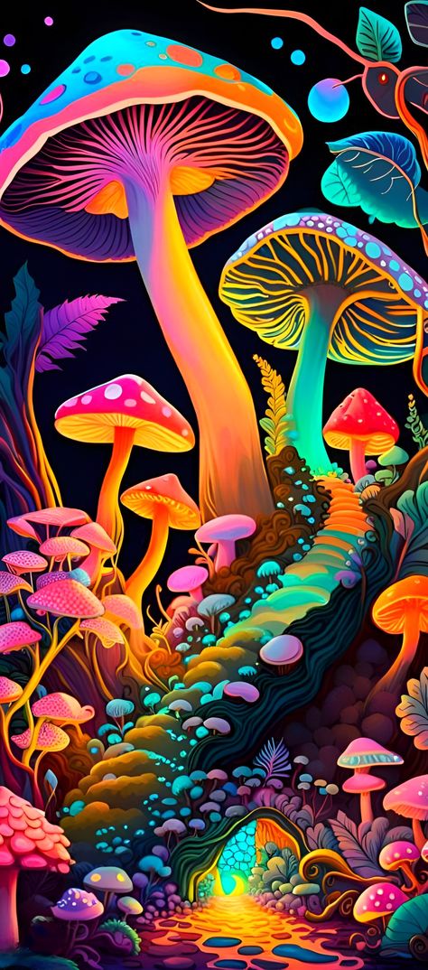 Art mushroom Pretty Mushroom Aesthetic, Mushroom Wallpaper Trippy, Neon Mushroom Wallpaper, Pop Art Mushroom, Psylocibin Mushrooms Art, Neon Mushroom Art, Colourful Mushroom Art, Mushroom Psychedelique, Trippy Mushroom Wallpaper