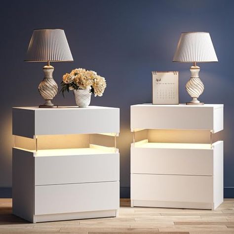 Bedside Tables White, White Nightstands, Led Bedside Table, Tall Nightstands, Nightstand White, Nightstand Set, Nightstand Set Of 2, White Bedside Table, Led Light Design