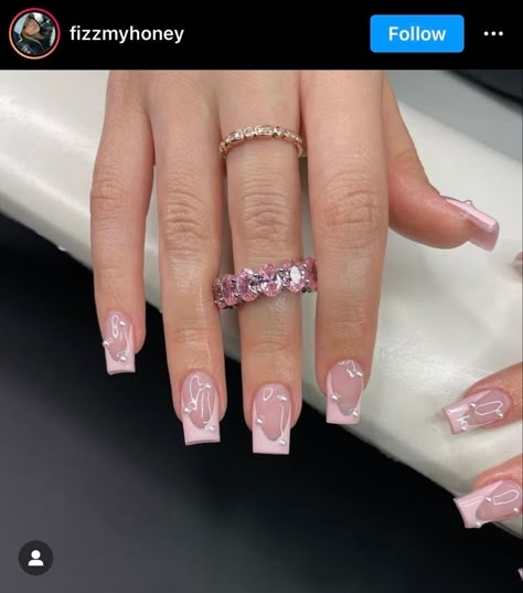 Chrome French Tip Nails Valentines, Cute Small Square Nails, Cute Dainty Acrylic Nails, French Tip Nails With Pearls Square, Pink French Tip With Pearls Nails, Pink French With Pearls, French Tip With Pearls Square, Pink Sweet 16 Nails Short, Short Acrylic Nails French Tip Design