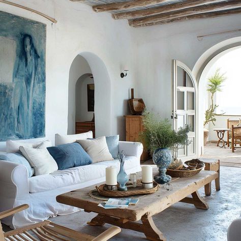 Creating Your Dream Mediterranean Style Living Room • 333+ Art Images Mediterranean Sitting Room, Greek Villa Interior Design, Santorini Style Interior, Mediteran House Interior Design, Mediterranean Living Room Inspiration, Mediteranean Houses Interior Decor, Sea House Interior, Interior Mediterranean Style, Greek Style Living Room