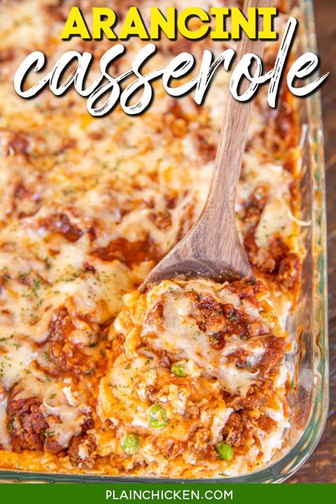 Arancini Casserole recipe - super easy Italian rice casserole. Layers of cheesy rice and meat sauce topped with mozzarella and parmesan cheese. Comfort food at its best! The whole family cleaned their plates and asked for seconds. Rice, ricotta cheese, sour cream, green peas, Italian seasoning, mozzarella cheese, parmesan cheese, Italian sausage, tomato sauce, onion, and garlic. A great gluten-free alternative for spaghetti night. Italian Rice Casserole, Arancini Casserole, Spaghetti Night, Cheesy Rice, Italian Rice, Cheesy Garlic Bread, Plain Chicken, Sweet Italian Sausage, Homemade Tomato Sauce