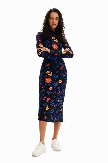 Slim floral midi dress | Desigual.com Desigual Dress, Fitted Midi Dress, Floral Fit, Original Clothes, How To Make Clothes, Ribbed Dresses, Slim Dresses, Blue Midi Dress, Midi Dress Bodycon