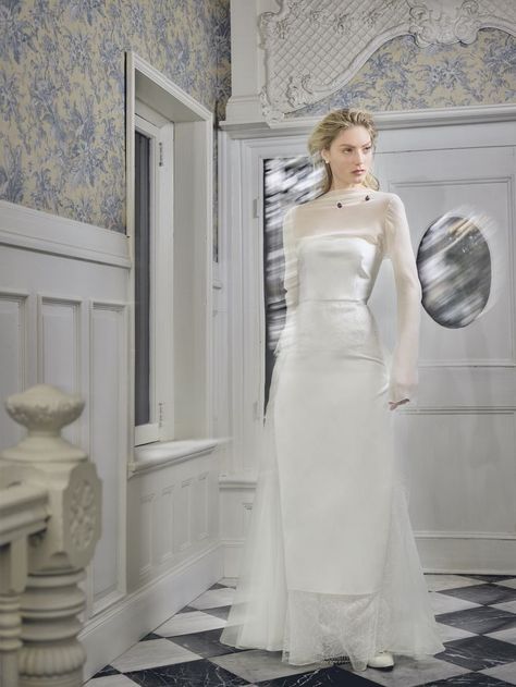 Danielle Frankel 2019 Modern Vintage Wedding Dress, Wedding Dress With Sheer Sleeves, Danielle Frankel Bridal, Bridal Hoodies, Modern Vintage Wedding, Danielle Frankel, Bridal Coat, Dress With Sheer Sleeves, Vintage Wedding Dress