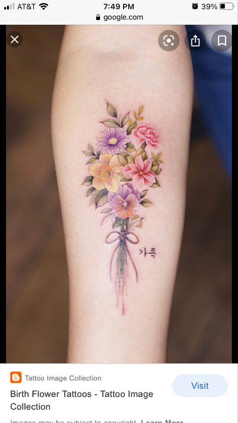 Birth flowers bouquet tattoo idea Birth Month Flower Tattoos Bouquet Watercolor, Vintage Flower Bouquet Tattoo, Vintage Bouquet Tattoo, Sister Birth Flower Tattoo, Floral Bouquet Tattoo Color, Family Birth Flower Bouquet Tattoo Color, Realistic Birth Flower Tattoo, Color Birth Flower Tattoo, Colored Birth Flower Tattoo