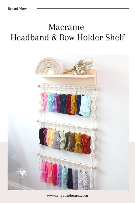 "This organizer was amazing! It fits perfectly in our little girl’s room. It’s a talk point whenever someone comes over." If you are anything like my family, you have more headbands and baby bows than you know what to do with. This Cascading Multi-Tiered Headband and Bow Holder shelf is for you. It is Expandable as your hair accessory collection grows by adding additional rods, clips, and Macrame extensions at anytime. Macrame Bow Holder, Headband And Bow Holder, Boho Girl Nursery, Macrame Bow, Diy Headband Holder, Diy Bow Holder, Macrame Headband, Headband Holder, Hair Accessories Collection