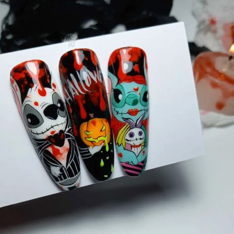 Stitch Halloween Nails Design, Stitch Nails Halloween, Halloween Stiches Nails, Lilo And Stitch Halloween Nails, Halloween Stitch Nails, Stitch Halloween Nails, Challenge Nails, Ongles Halloween, Nails For School