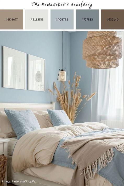 Light Blue Earthy Bedroom, Light Blue Guest Bedroom Ideas, Sand Colour Bedroom, Light Blue And Brown Bedroom, Light Blue Walls Bedroom, Light Blue Comforter, Baby Blue Bedrooms, Blue Bedroom Colors, Calming Bedroom Colors