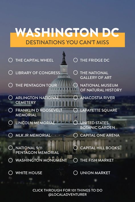 Looking for exciting new things to do in Washington DC? Whether you're a local or visitor here's your ultimate DC bucket list plus tips for first time visitors // Local Adventurer #washingtondc #visitwashingtondc #mydccool #localadventurer #dc #visittheusa Washington Dc List, Dc Bucket List Washington, Things To See In Washington Dc, Packing For Washington Dc, Washington Dc Checklist, Moving To Dc, Things To Do In Washington Dc, Travel Washington Dc, Dc Bucket List