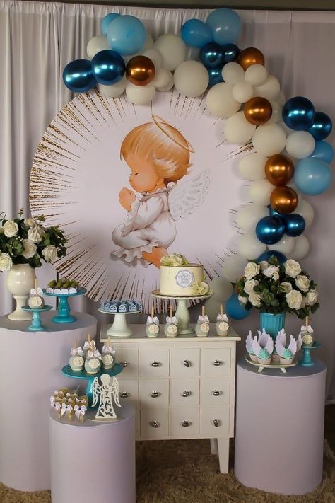 Decoración con globos | **¿Qué te parece Baptism Background, Baptism Decorations Boy, Baptism Decorations, Baby Baptism, Boy Baptism, Name Day, Balloon Garland, First Communion, Shower Party