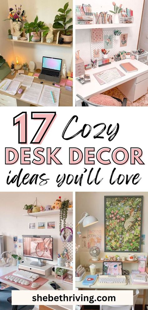 22 Insanely Cozy Desk Decor Ideas For Your Next Setup How To Make Your Office At Work Cozy, Work From Home Accessories, Cozy Office Decor, Desk Decorations, Cute Office Ideas For Work, Cozy Office Space At Work, Desk Space Decor, Office Desk Decor For Work, How To Decorate Your Office At Work