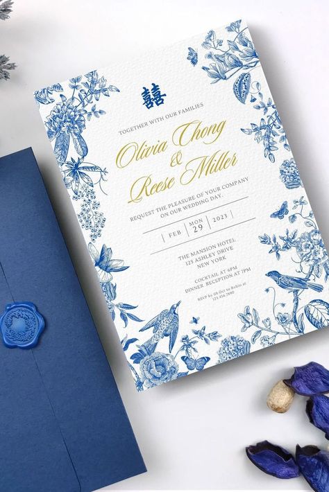 Blue Chinoiserie Wedding Invitation Card | Double Happiness Asian Chinese Wedding Invite 结婚请柬 Chinese Wedding Invitation Blue, Sangjit Invitation Design, Bilingual Wedding Invitation, English Wedding Invitation Card, Wedding Invitations Chinese, Chinoiserie Wedding Invitation, Chinese Invitation, Chinoiserie Invitation, Chinese Wedding Invitation Card