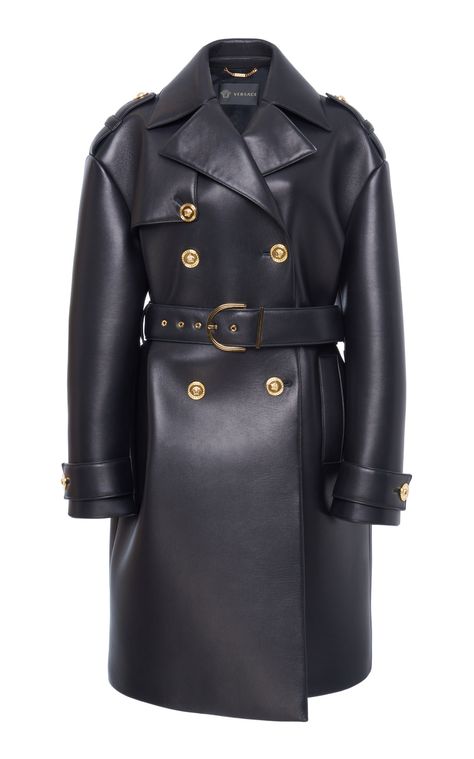 Versace - FW19 | Belted black leather trench coat ($6,975) Versace Clothes, Versace Coat, Versace Leather Jacket, Short Leather Jacket, Versace Jacket, Fall Style Guide, Versace Fashion, Versace Collection, Leather Trench