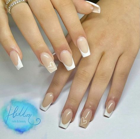 White Square nails with fine line heart on both fingers. Ring Finger Heart Nails, White French Tip Nails With Heart On Ring Finger, Nails With Heart On Ring Finger, White Nails With Heart On Ring Finger, French Tip With Heart On Ring Finger, French Tip Nails With Heart, French Tip With Heart, Fine Line Heart, White Heart Nails